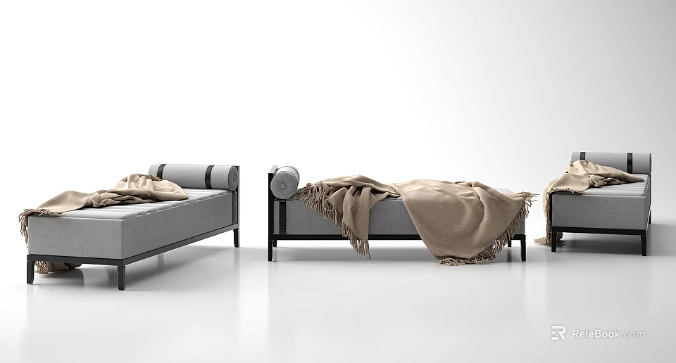 Modern Gray Fabric Chaise Lounge With Beige Blanket And Metal Frame Design 3d model 