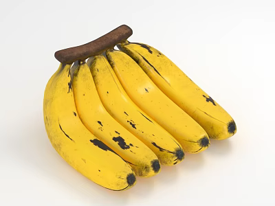 Fresh Ripe Yellow Bananas With Black Spots On Wooden Stem For Healthy Snack 3d model