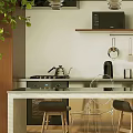 Modern Kitchen Interior With Island Counter Cabinets Appliances Cookware Bottles And Plants