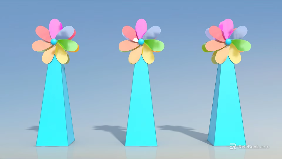 Three Colorful Petal Shaped Architectural Components With Blue Conical Bases 3d model 