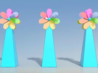 Three Colorful Petal Shaped Architectural Components With Blue Conical Bases 3d model