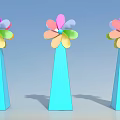 Three Colorful Petal Shaped Architectural Components With Blue Conical Bases