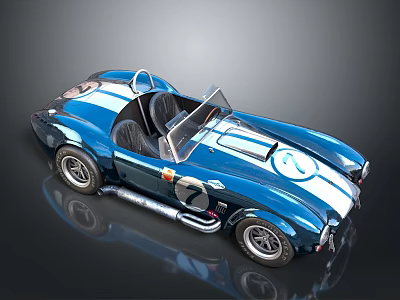 Classic Blue Convertible Racing Car With White Stripes And Number 7 3d model