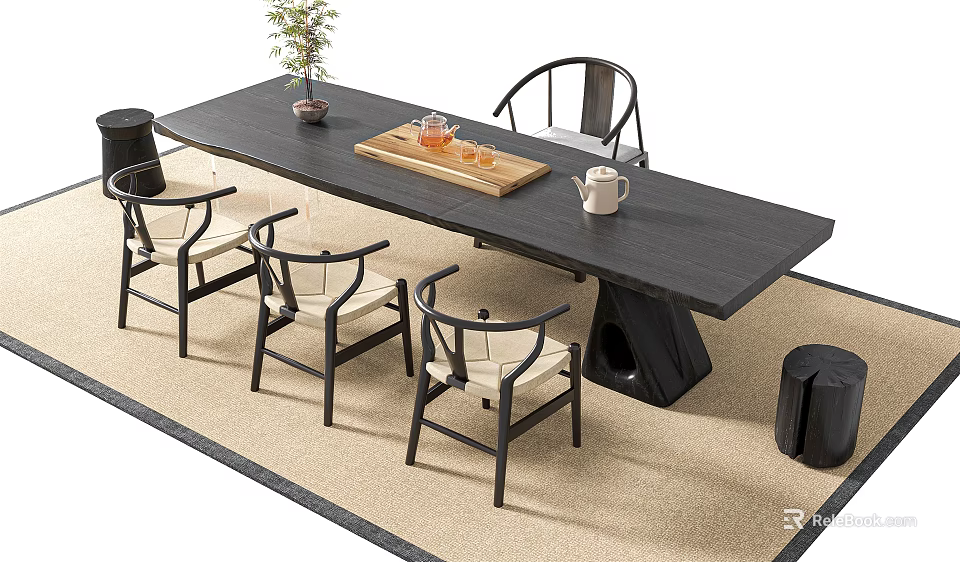Modern Dark Wood Tea Table and Chairs With Tea Set Potted Plant and Light Carpet 3d model 