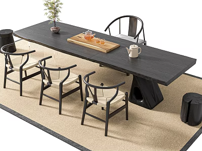 Modern Dark Wood Tea Table and Chairs With Tea Set Potted Plant and Light Carpet 3d model