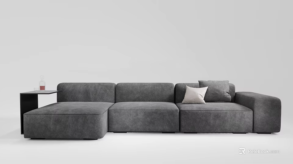Modern Gray Sectional Sofa With Pillows And Side Table In Living Room 3d model