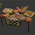 Assorted Breads Cookies Pie Breadsticks and Pastries on Table with Green Tablecloth Trays and Plates