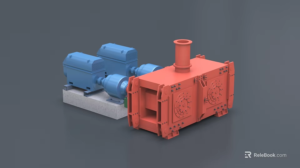 Industrial Equipment Setup With Blue Motors And Red Machinery On Concrete Base 3d model 