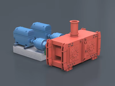 Industrial Equipment Setup With Blue Motors And Red Machinery On Concrete Base 3d model