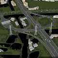 Large Interchange Bridge Structure With Multiple Lanes Green Areas Water Bodies And Surrounding Buildings 3d model
