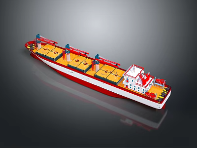 Red and White Cargo Ship With Yellow Deck Cranes and White Superstructure 3d model