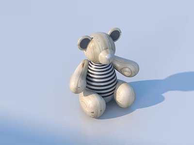 Cute Wooden Teddy Bear with Black and White Striped Outfit on Light Blue Background 3d model