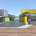 Colorful Container Buildings with Multiple Units Outdoor Seating Trees and Creative Commercial Space