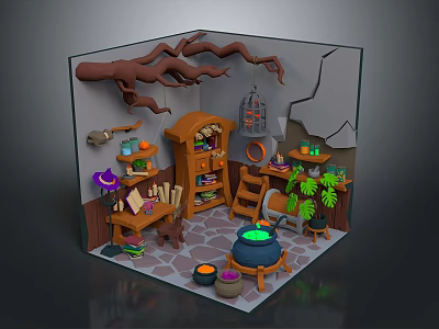 Wizard And Pet Bird In Magical Workshop With Cauldron Bookshelf Ladder And Plants 3d model