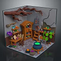 Wizard And Pet Bird In Magical Workshop With Cauldron Bookshelf Ladder And Plants
