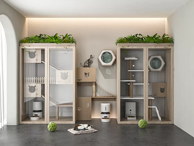 Cat Furniture Interior Design With Glass Door Cabinets Green Plants Cat Trees And Feeding Stations 3d model