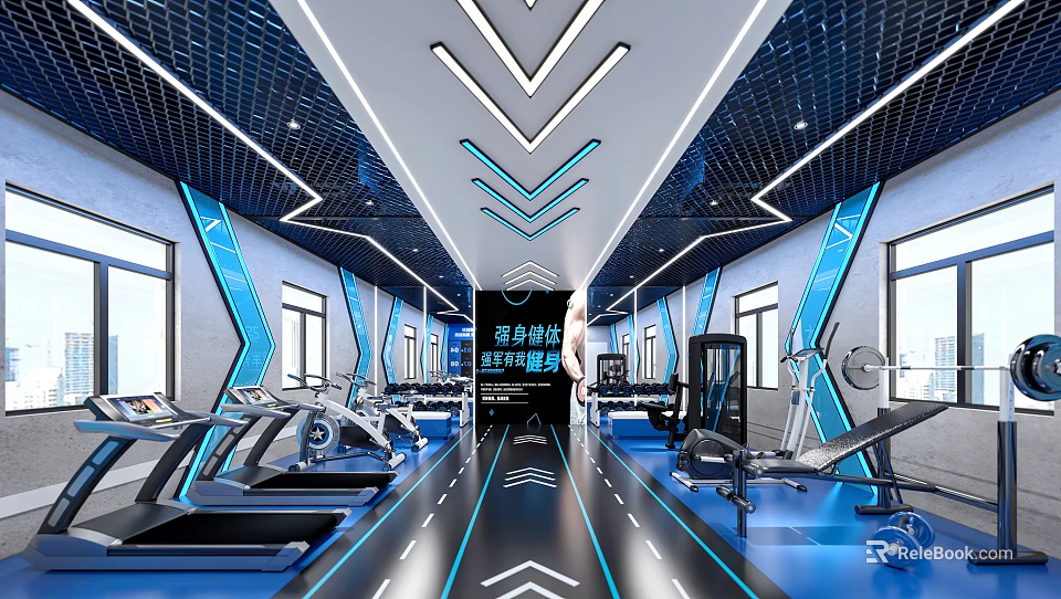 Modern Sports Fitness Gym Interior Design With Treadmills Geometric Ceiling And Blue Lighting 3d model 