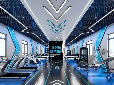 Modern Sports Fitness Gym Interior Design With Treadmills Geometric Ceiling And Blue Lighting 3d model