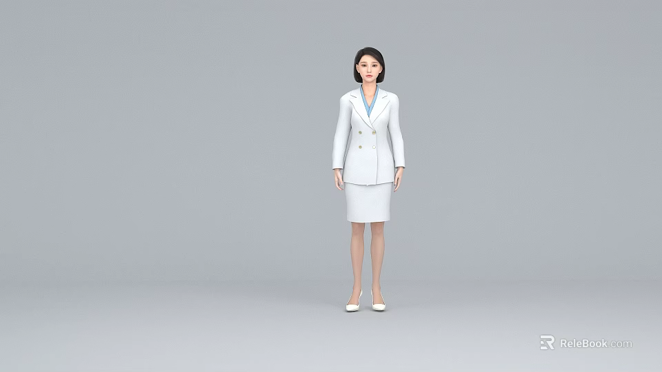 Woman in White Suit Skirt with Blue Shirt and White Shoes on Gray Background 3d model 