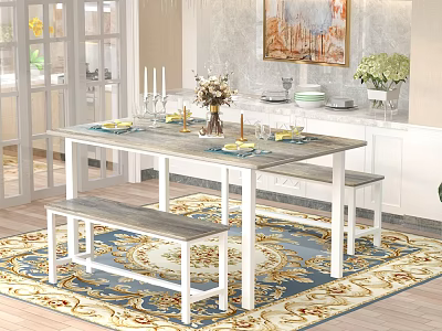 Modern Restaurant Dining Space With Long Table Benches Tableware Candles Vase White Cabinets Green Plants 3d model