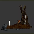 Wooden Stump Stone Rocks 3D Model Scene With Yellow Leaves Red Chest And Sword
