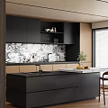 Modern Open Kitchen Interior With Black Cabinets Marble Countertops Island And Two Chairs