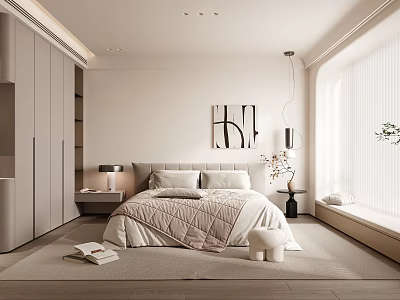 Modern Bedroom Interior with Neutral Tones Quilted Bed Wall Art and Natural Light 3d model
