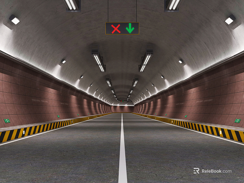 Road Tunnel with Proper Lighting Brown Walls Lane Markings Warning Strips and Traffic Signals 3d model 