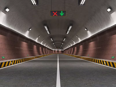 Road Tunnel with Proper Lighting Brown Walls Lane Markings Warning Strips and Traffic Signals 3d model