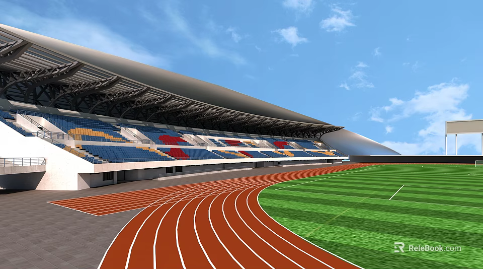 Modern Football Field Stadium With Red Track Green Grass And Blue Seats 3d model 