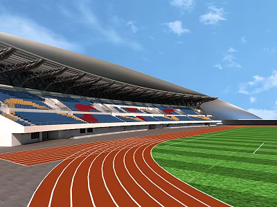 Modern Football Field Stadium With Red Track Green Grass And Blue Seats 3d model