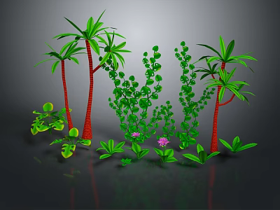 Cartoon Scenery With Green Plants Red Tree Trunks Palm Trees Vines Small Shrubs And Flowers 3d model