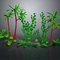 Cartoon Scenery With Green Plants Red Tree Trunks Palm Trees Vines Small Shrubs And Flowers