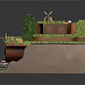 Cartoon Scene Featuring 3D Model Green Grass Small Houses Pathway Trees And Red Wheels