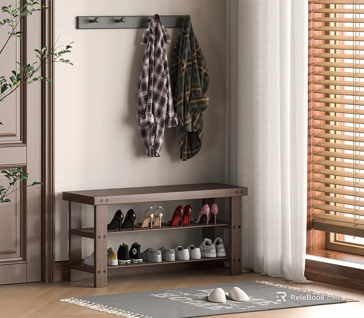Storage Shoe Bench with Coat Hooks and Shoe Shelf for Indoor Entryway 3d model 