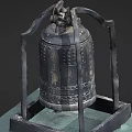 Ancient Bronze Musical Bell Stand with Intricate Patterns and Art Supplies on Green Mat