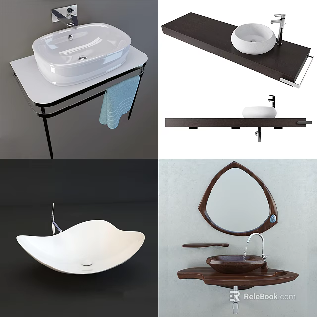Elegant Modern Washbasin Designs Featuring Ceramic Sinks Curved Mirrors And Towel 3d model 