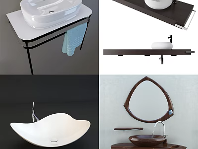 Elegant Modern Washbasin Designs Featuring Ceramic Sinks Curved Mirrors And Towel 3d model