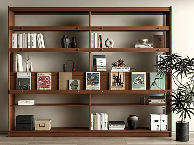 Wooden Multi Tiered Bookcase With Books Decorations Vases And Potted Plant 3d model