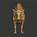 Golden Metallic Bull Sculpture With 3D Effect And Dark Background Reflection