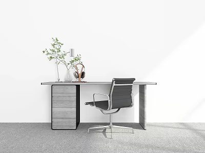 Modern Office Desk Setup With Ergonomic Chair Green Plant And Lamp 3d model