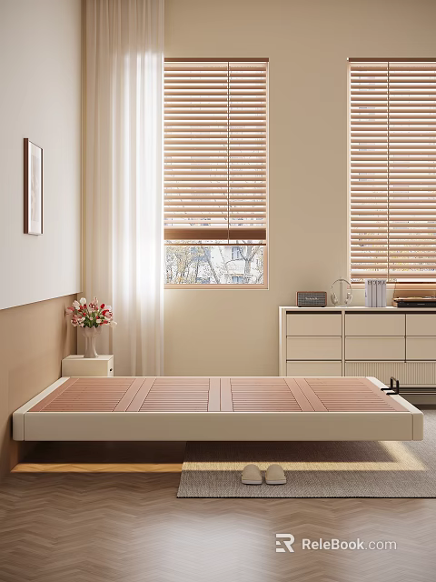 Double Bed in Modern Bedroom with Beige Wall Wooden Blinds Nightstand Vase and Drawer Cabinet 3d model 
