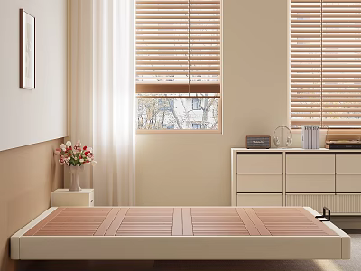 Double Bed in Modern Bedroom with Beige Wall Wooden Blinds Nightstand Vase and Drawer Cabinet 3d model