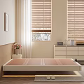 Double Bed in Modern Bedroom with Beige Wall Wooden Blinds Nightstand Vase and Drawer Cabinet