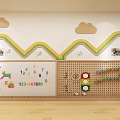 Kindergarten Corridor With Wooden Flooring Leaf Wave Shaped Wall Decor And Children Art Display Boards