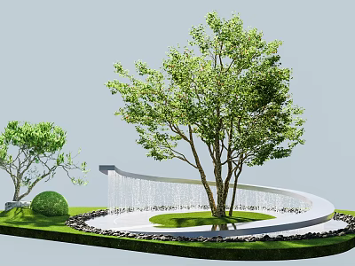 Scenic Garden Landscape with Curved Water Feature Multiple Trees Green Lawn and Stone Border 3d model