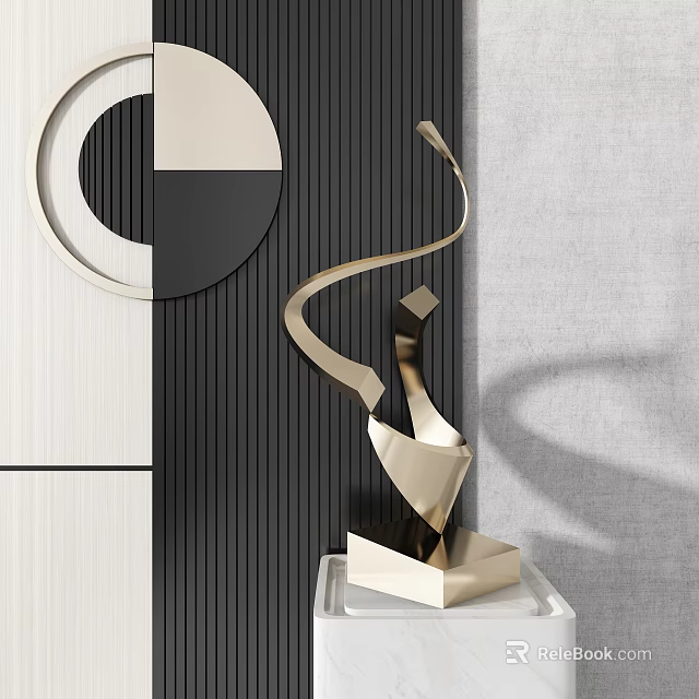 Modern Golden Metal Curved Sculpture on White Pedestal with Black White Wall Geometric Decor 3d model 