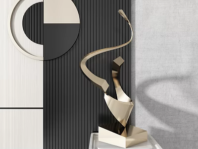 Modern Golden Metal Curved Sculpture on White Pedestal with Black White Wall Geometric Decor 3d model