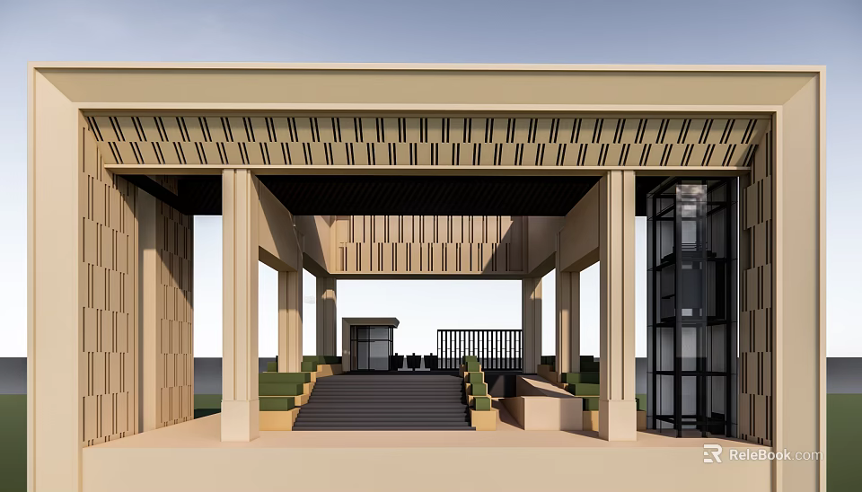 Modern Entrance Gate Featuring Perforated Wooden Canopy Columns Stone Steps Green Seating And Glass Elevator 3d model 