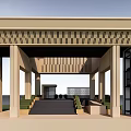 Modern Entrance Gate Featuring Perforated Wooden Canopy Columns Stone Steps Green Seating And Glass Elevator